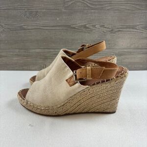 TOMS Cream Linen Wedge Sandals Women’s 8.5 Espadrille Summer Neutral